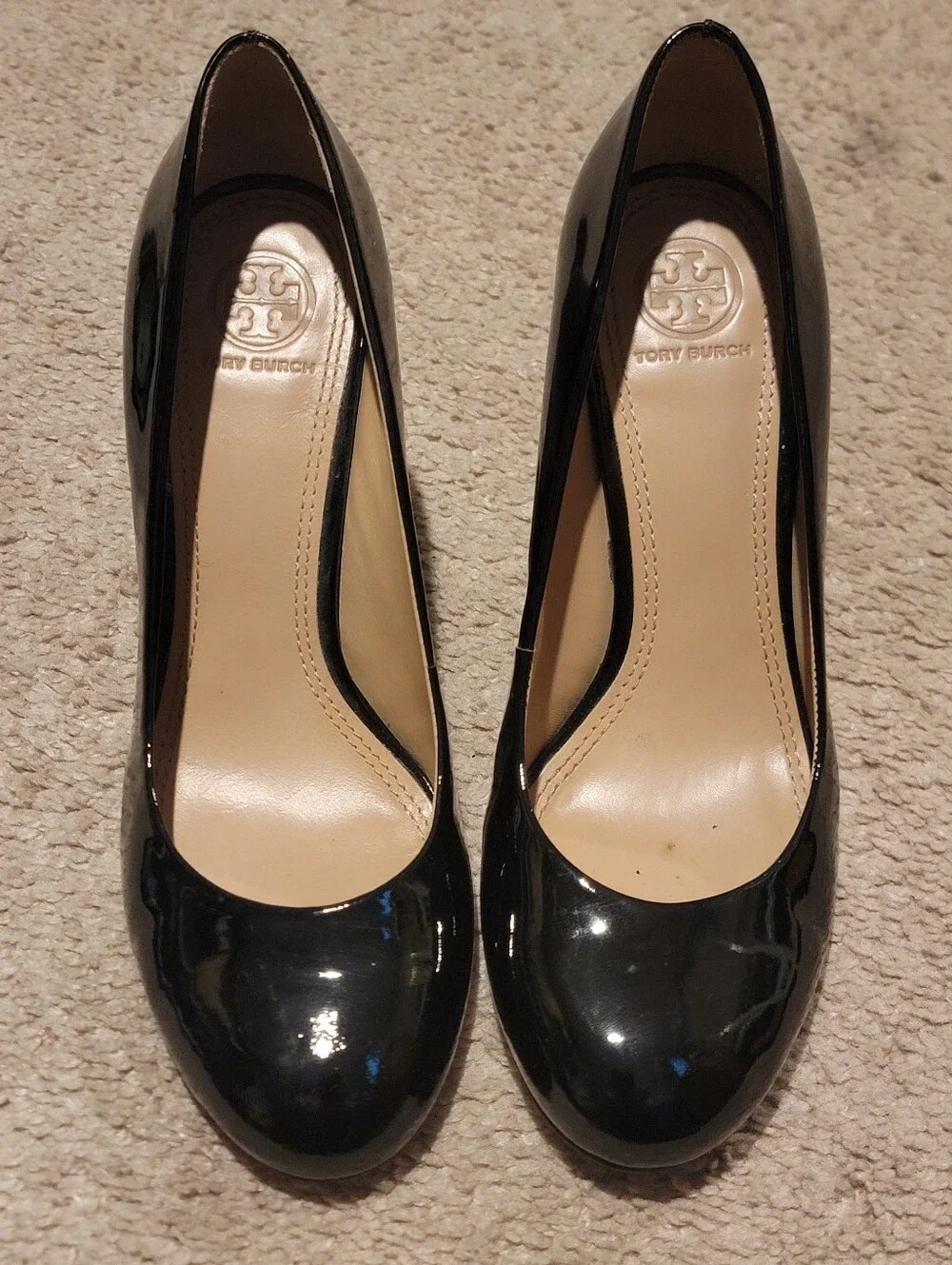 Tory Burch Astoria Black Patent Leather Wedge Heels Size 7.5